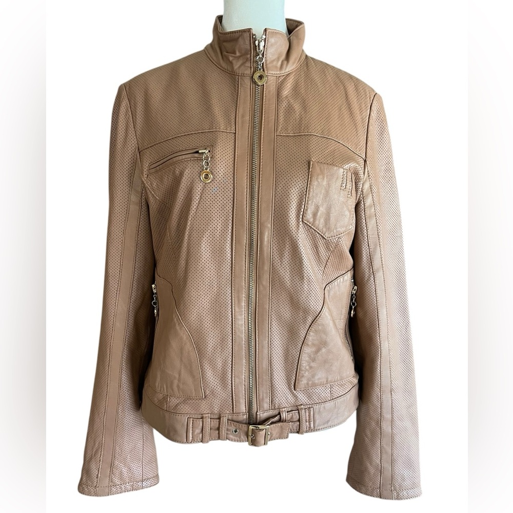 Whiteโ House Black Market Light Mocha 100% Leather Perforated Moto Jacket Sz S